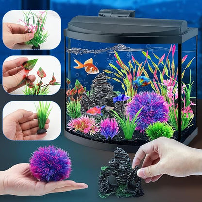 10pcs Aquarium Artificial Plastic Plants Decorations and Rock Cave Decor Set - Image 4