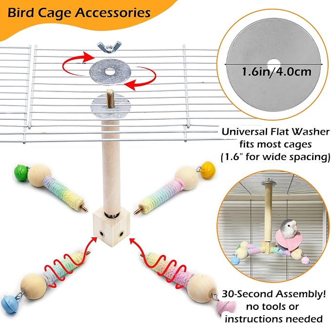 Bird Stand Perch Toy with Bells, Interactive Spinning Parakeet Toys, Wooden - Image 2