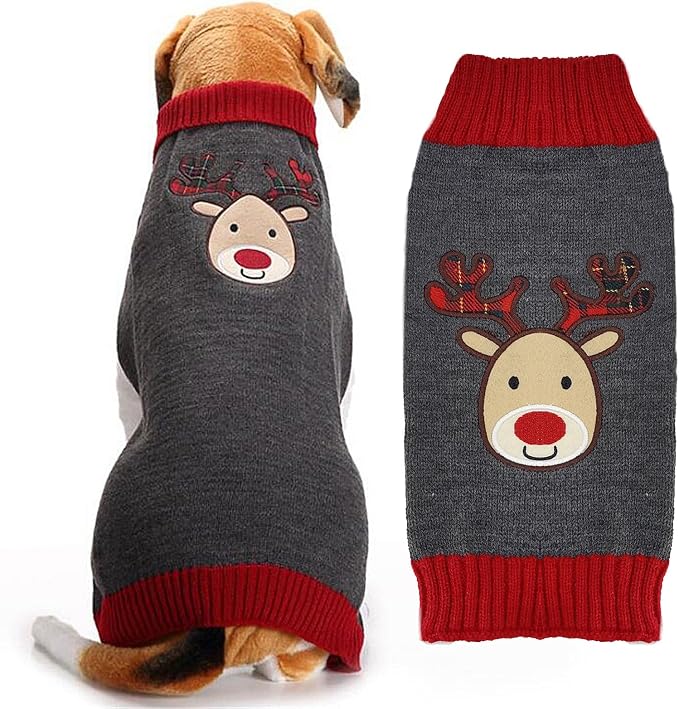 Dog Christmas Sweater Xmas Pet Clothes Cute Gray Reindeer Holiday Puppy Cat by DOGGYZSTYLE