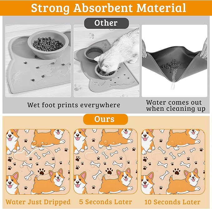 Corgi Feeding Mat, Cute Dogs Absorbent Quick-Dry Cat Dog Food and Water Bowl - Image 3