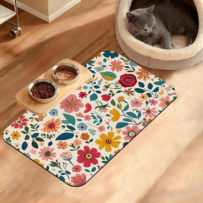 Colorful Flower Feeding Mat, Groovy Wildflowers Absorbent Quick-Dry Cat Dog by Unknown