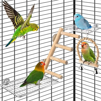 4Pcs Bird Perches Toys, Stainless Steel Perch Platform, Natural Wood Parrot by DBNESS