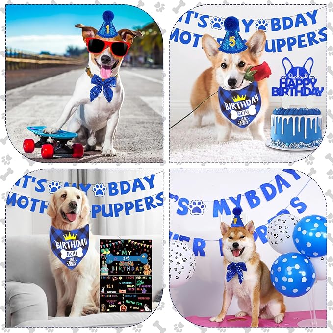 Blue Dog Birthday Party Supplies Pet Birthday Bandanas Boy Doggy Birthdays Hat - Image 6