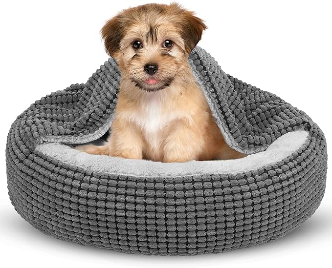 SIWA MARY Small Dog Bed with Attached Blanket, Cozy Donut Cuddler Anti-Anxiety by SIWAMARY