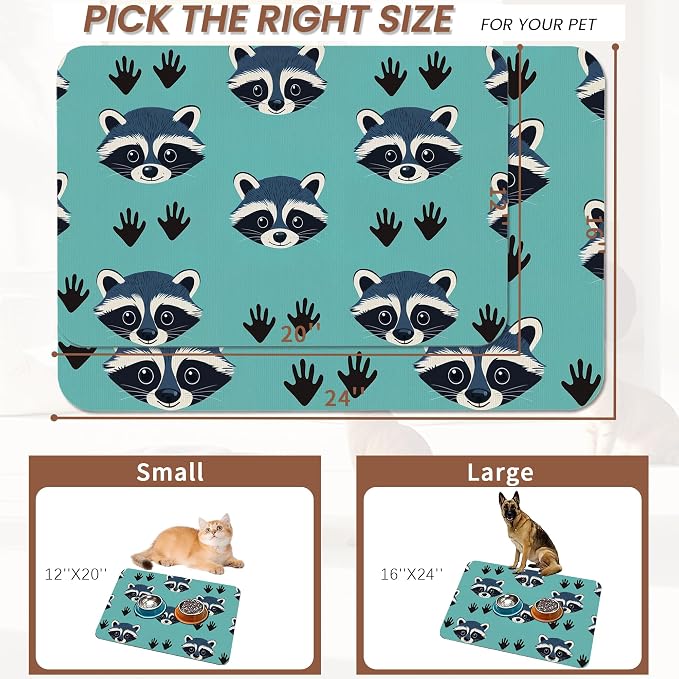 Cute Raccoon Dog Food Mat for Floors, Absorbent Pet Food and Water Bowl Mats - Image 2
