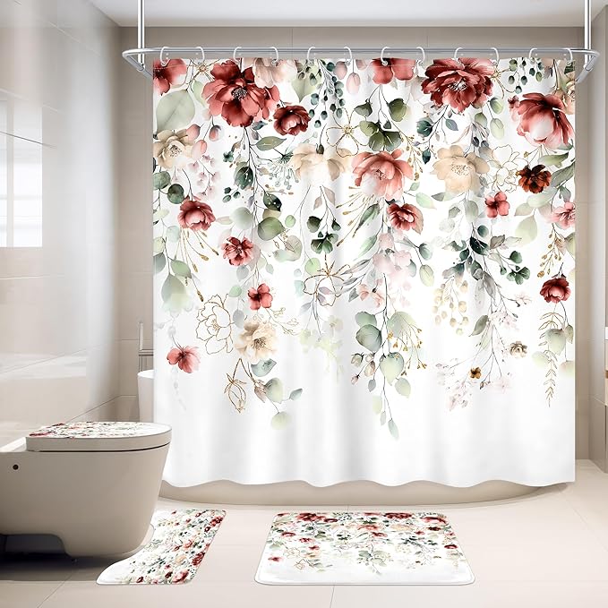 4 PCS Red Burgundy Floral Flower Shower Curtain Set 72Wx72H Inch Watercolor - Image 3