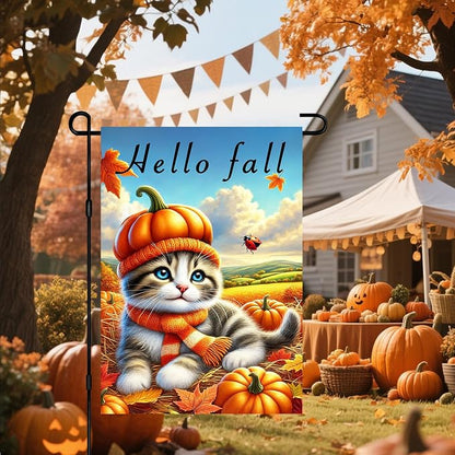 Hello Fall Garden Flag Cute Kitten Pumpkin Hat Scarf Flag 12x18 Inch Autumn Pet - Image 6