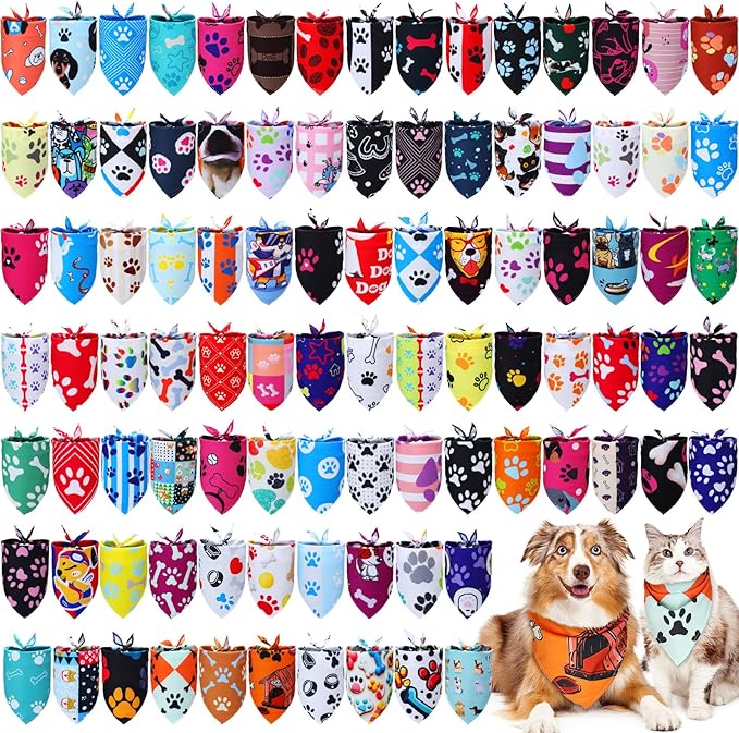100 Pcs Paw Dog Bandanas Bulk Pet Bibs Colorful Triangle Scarf Paw Pattern Pet by Huhumy