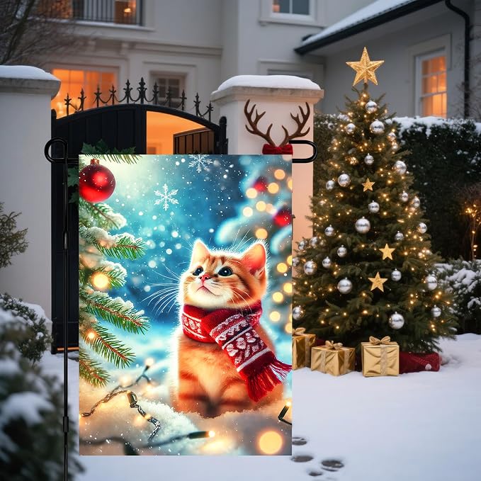Christmas Garden Flag Winter Flag Cute Kitten Scarf Snow Scene Outdoor Yard - Image 5