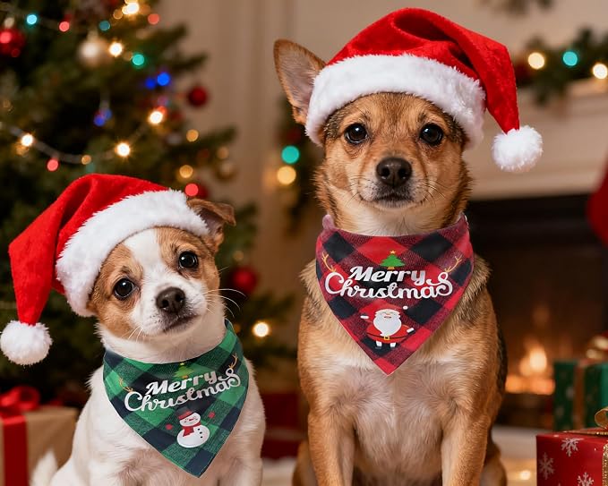 Christmas Dog Bandanas 2PCS-Small, Classic Plaid Triangle Holiday Scarf - Image 5