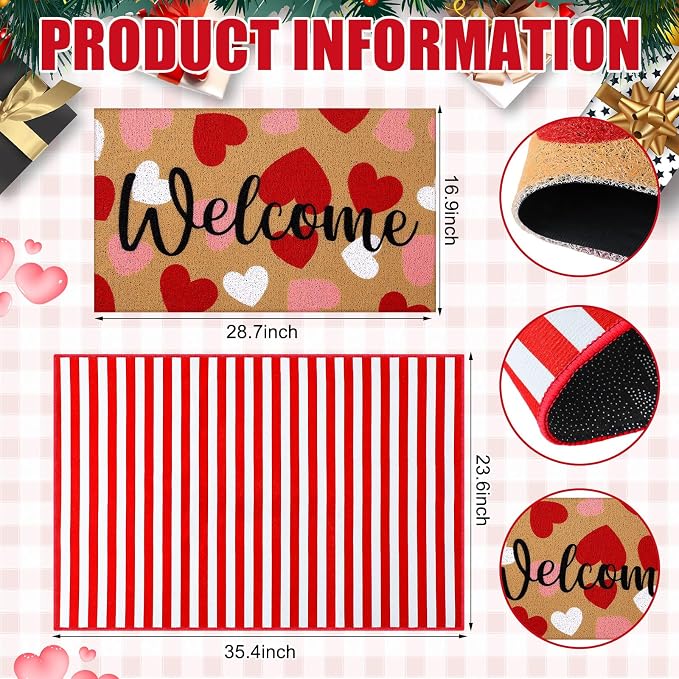 Tinideya 2 Pcs Valentine Door Mat Heart Welcome Outdoor Non Slip Coir Mats Red - Image 2