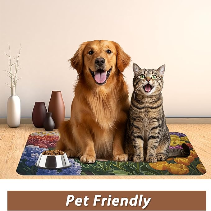 Tulip Lavender Pet Feeding Mat, Vintage Flower Fields Absorbent Quick-Dry Cat - Image 6