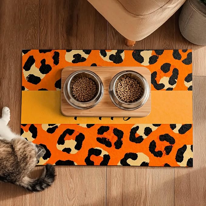 Puppy Feeding Mat 24x16 inch Orange Leopard Print Pet Bowl Placemat Non Slip - Image 5