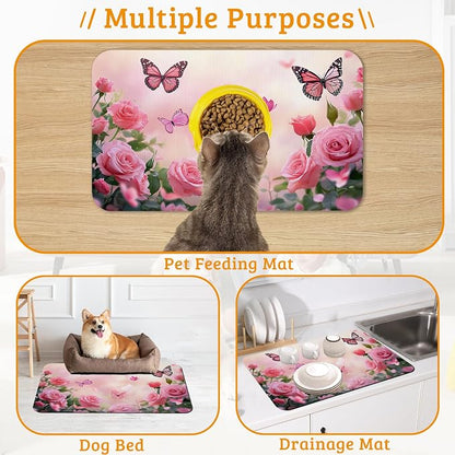 Rose Pink Dog Cat Food Mat, Butterfly Absorbent Waterproof Placemat - Image 7