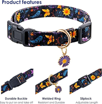 Cotton Dog Collar Purple Flower Pattern - Image 3