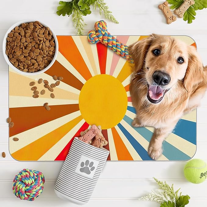 Retro 70s Rainbow Sunrise Swirl Dog Cat Food Mat, Absorbent Pet Feeding Mat - Image 7