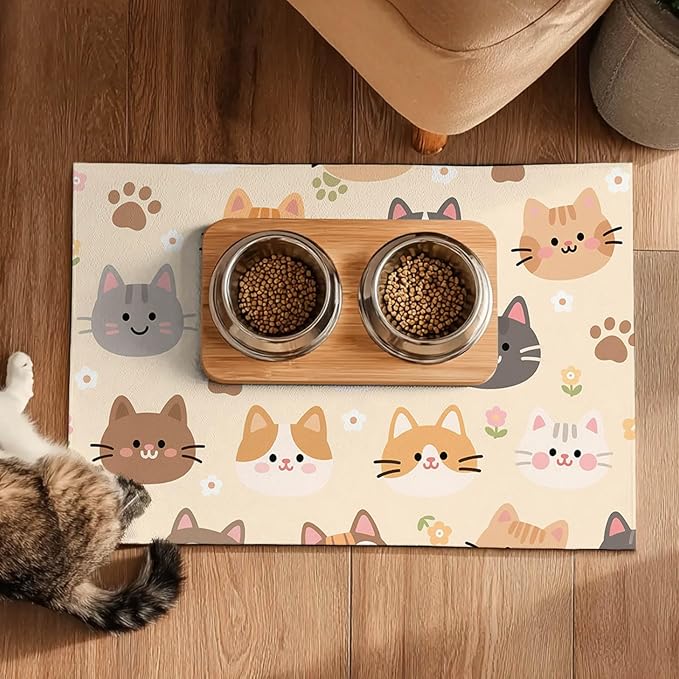 Cat Feeding Mat 24x16 inch Beige Kitten Print Pet Bowl Placemat Non Slip Floor - Image 5