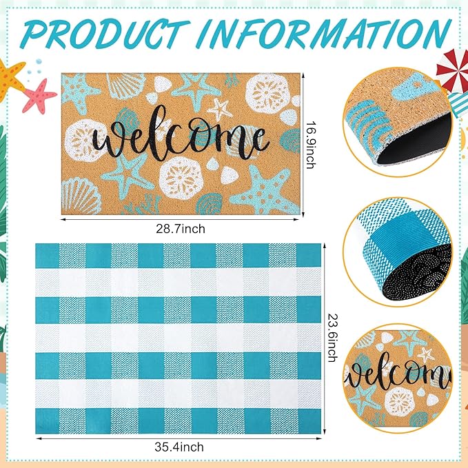Tinideya 2 Pcs Summer Door Mat Coastal Beach Welcome Non Slip Coir Mats Sea - Image 2