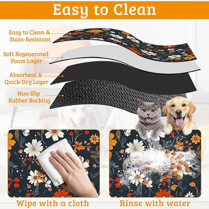 Floral Black Feeding Mat, Absorbent Quick-Dry Cat Dog Food and Water Bowl Mats - Image 5