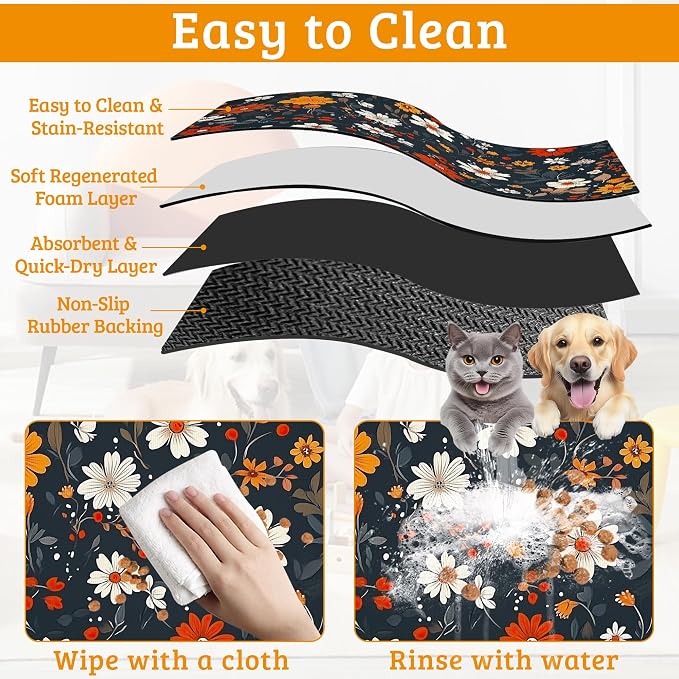 Floral Black Feeding Mat, Absorbent Quick-Dry Cat Dog Food and Water Bowl Mats - Image 5