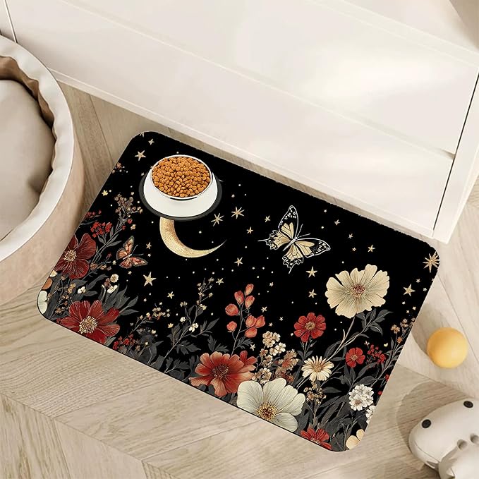Moon Butterfly Pet Feeding Mat, Vintage Garden Luxury Absorbent Quick-Dry Cat by Unknown