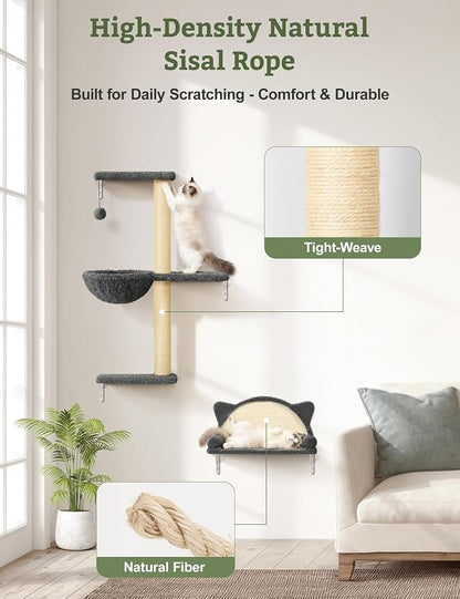 5-in-1 Cat Wall Shelves, Solid Wood & Velvet & Sisal Scratcher, 44lbs Max Load - Image 8