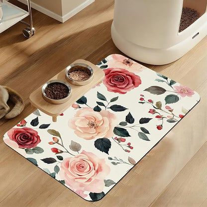 Pink Flower Leaf Pet Feeding Mat–Christmas Stocking Quick Dry Absorbent Dog Cat by LUTASER