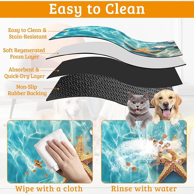 Starfish Shells Dog Cat Food Mat, Sea Beach Absorbent Waterproof Placemat - Image 5