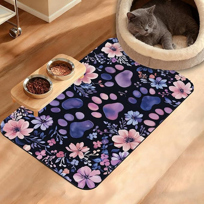 Paw Print Dog Food Mat, Watercolor Flower Absorbent Pet Feeding Mat by Unknown
