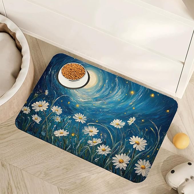 Starry Night Pet Feeding Mat, Moon Daisy Flower Absorbent Quick-Dry Cat Dog by Unknown