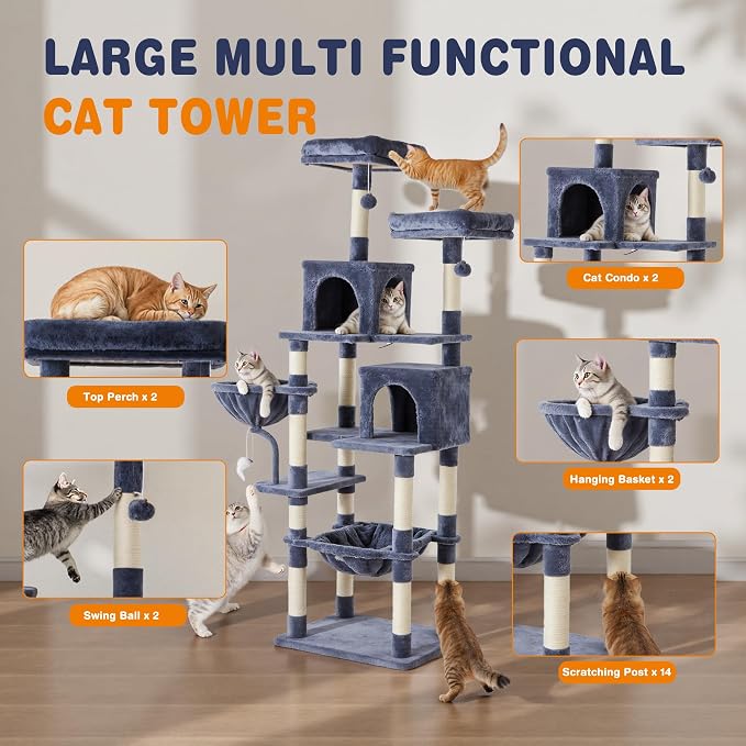 Large Cat Tree 71 Inch, Sisal Scratching Posts and Hammock, Pet Play House - Image 4