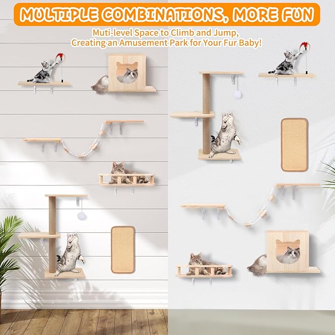 Cat Wall Shelves, Solid Wooden Wall-Mounted Cat Furniture, Steps and Scratcher - Image 6