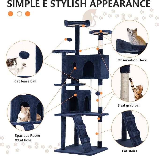 70 Inch Navy Blue Cat Tree, Tall Cat Tower - Image 5