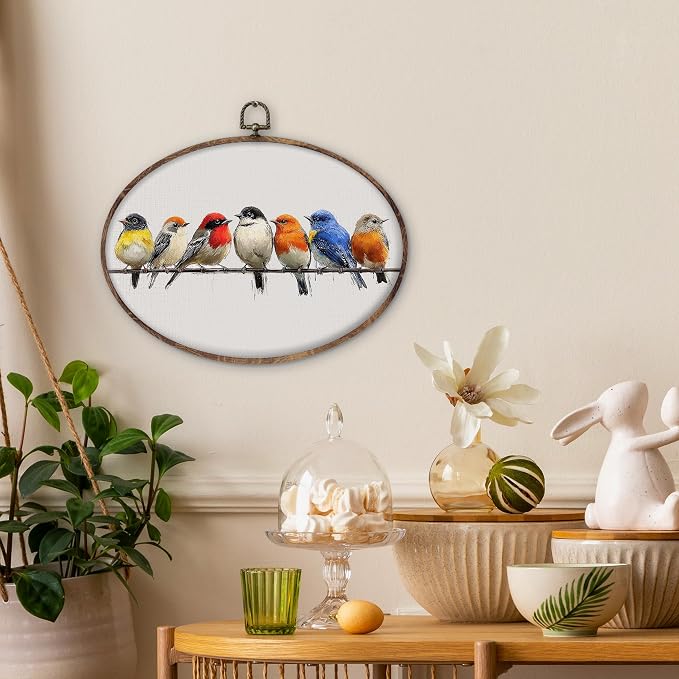 DILSJ Bird Oval Wall Art Decor, Rustic Nature Colorful Sparrow Birds Canvas - Image 3