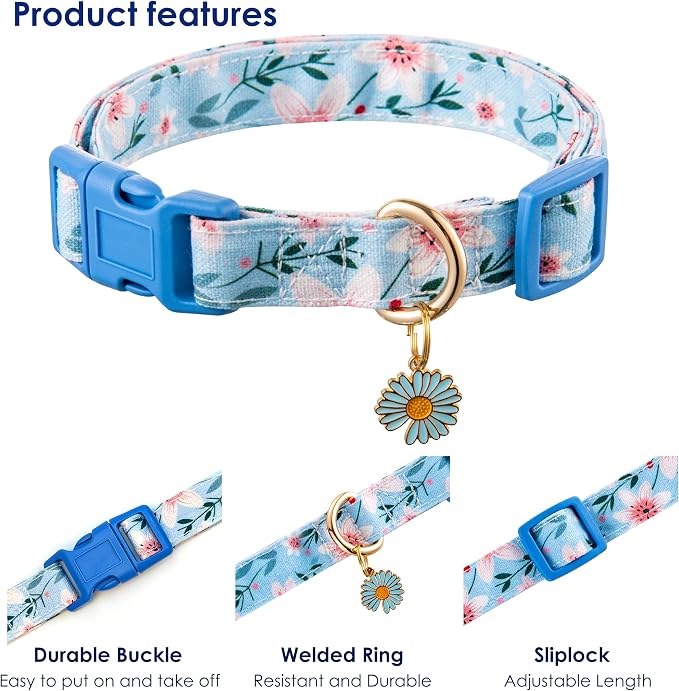 Cotton Dog Collar Blue Flower Pattern - Image 4