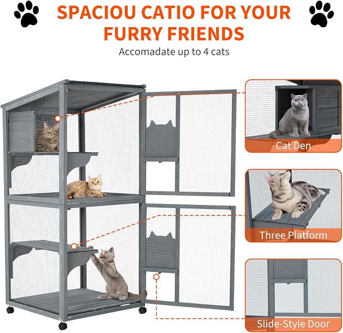 69-Inch Catio, Wooden Cat Enclosure, 4-Tier Cat House w/Waterproof Roof - Image 3