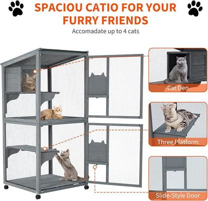 69-Inch Catio, Wooden Cat Enclosure, 4-Tier Cat House w/Waterproof Roof - Image 3