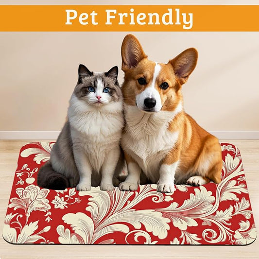 Red White Flower Feeding Mat, Paisley Absorbent Quick-Dry Cat Dog Food and - Image 2