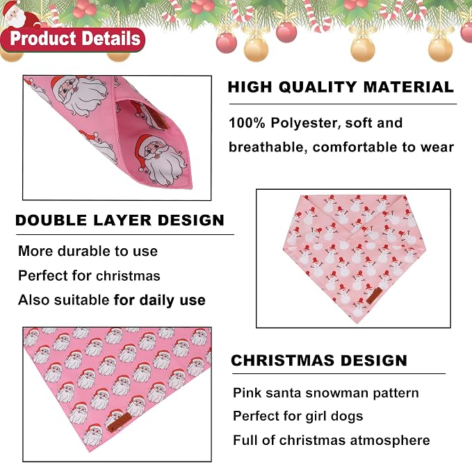 ADOGGYGO Pink Christmas Dog Bandanas 2 Pack, Reversible Santa Snowman Xmas - Image 5