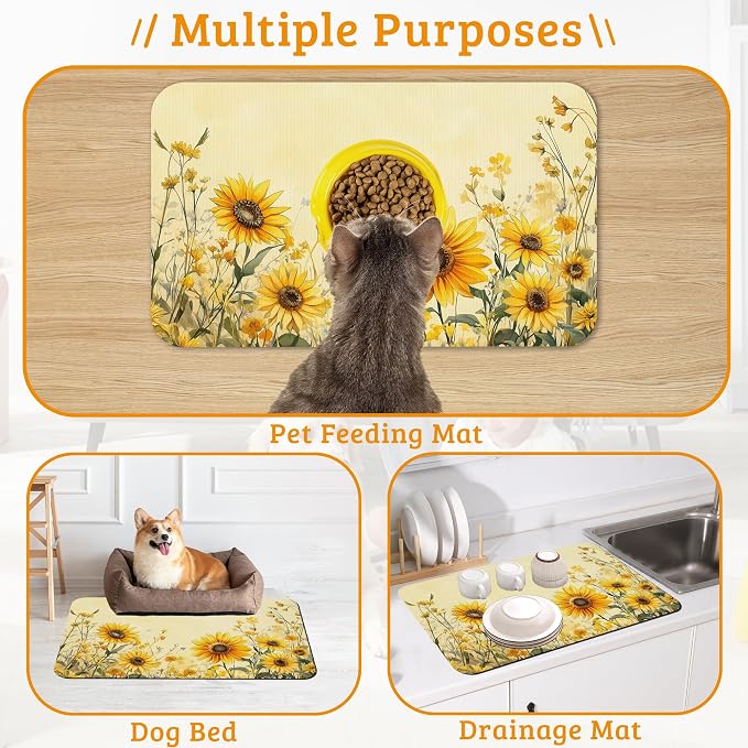 Yellow Floral Feeding Mat, Sunflower Absorbent Quick-Dry Cat Dog Food and Water - Image 7