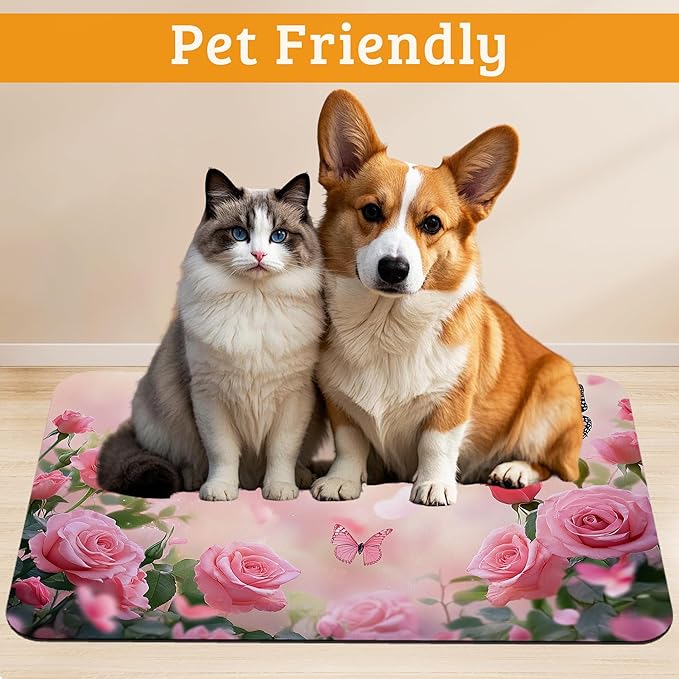 Rose Pink Dog Cat Food Mat, Butterfly Absorbent Waterproof Placemat - Image 2