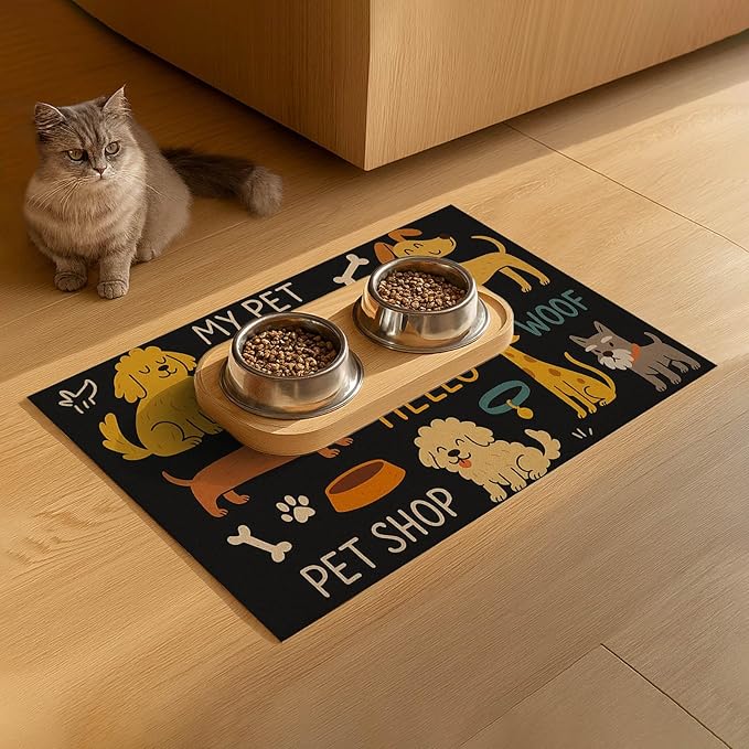 Cute Happy Dog Pattern Design Pet Food Mat 20" x 12" Fun Easy Clean Pet Feeding - Image 9