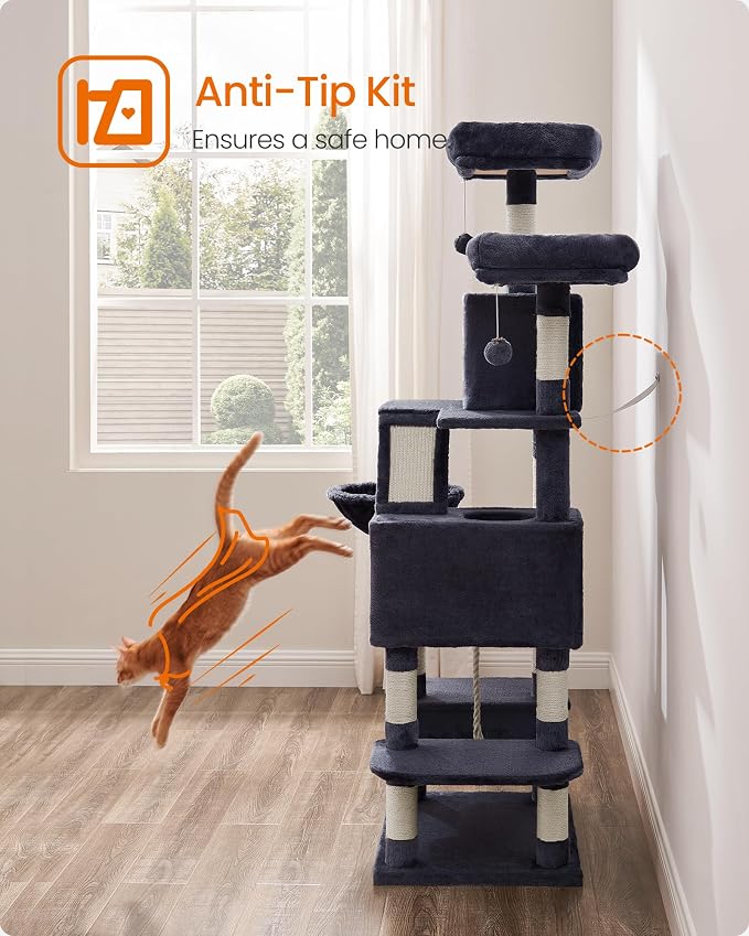 Feandrea Cat Tree, 66.1-Inch Large Cat Tower, 2 Perches, 2 Caves, Smoky Gray - Image 9