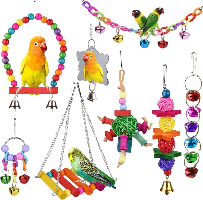 8 Pcs Parakeet Cockatiel Bird Toys, Parrots Cage Accessories Swing Wooden Perch by ESRISE