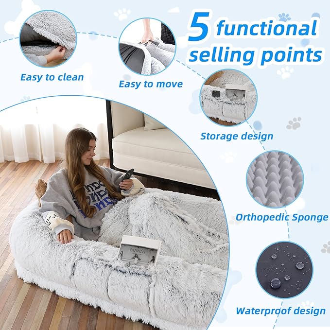 Human Dog Bed - 71"x45"x12" Fits You & Pets, Washable Faux Fur, Orthopedic - Image 3