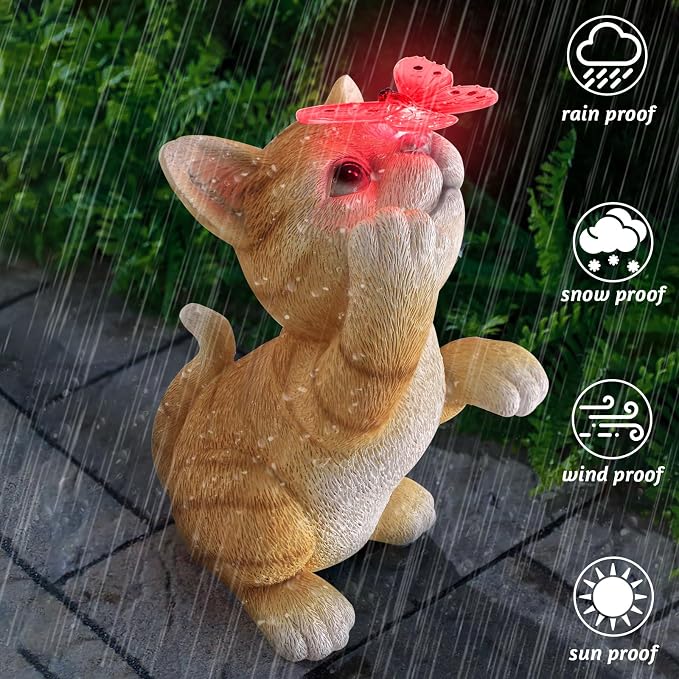 Solar Garden Statue Cat Figurine, Resin Cat Statue Playing Butterfly, Outdoor - Image 7