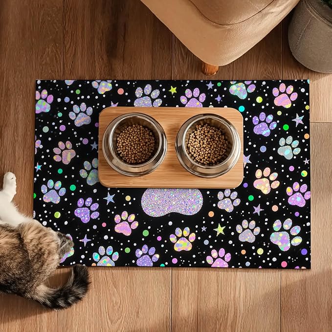 Pet Feeding Mat 24x16 inch Glitter Paw Print Pet Bowl Placemat Non Slip Floor - Image 5