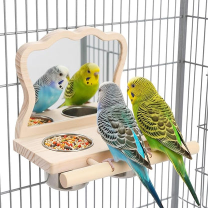 Feeder with Acrylic Mirror & Stainless Steel Bowls, Natural Wood Perch by SMICEM