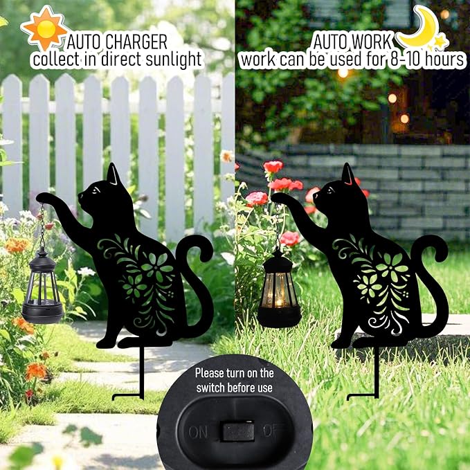 Bshine Cat Solar Light Outdoor Garden Decoration, Waterproof Metal Stake Black - Image 4