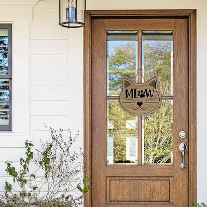 Cute Cat Meow Front Door Sign, Pet Farmhouse Wood Door Hanger Outdoor Outside - Image 4